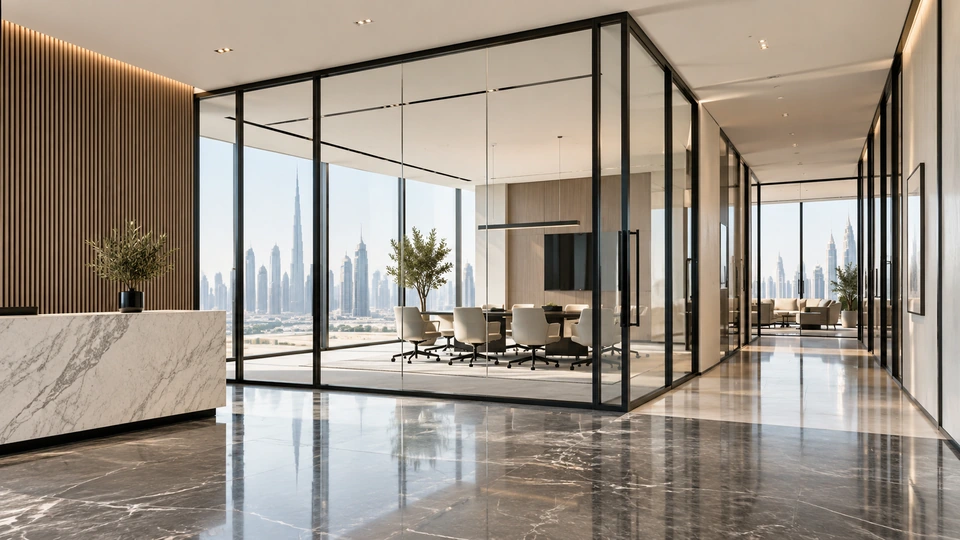 Glass partitions and black aluminium framing in a Dubai commercial interior