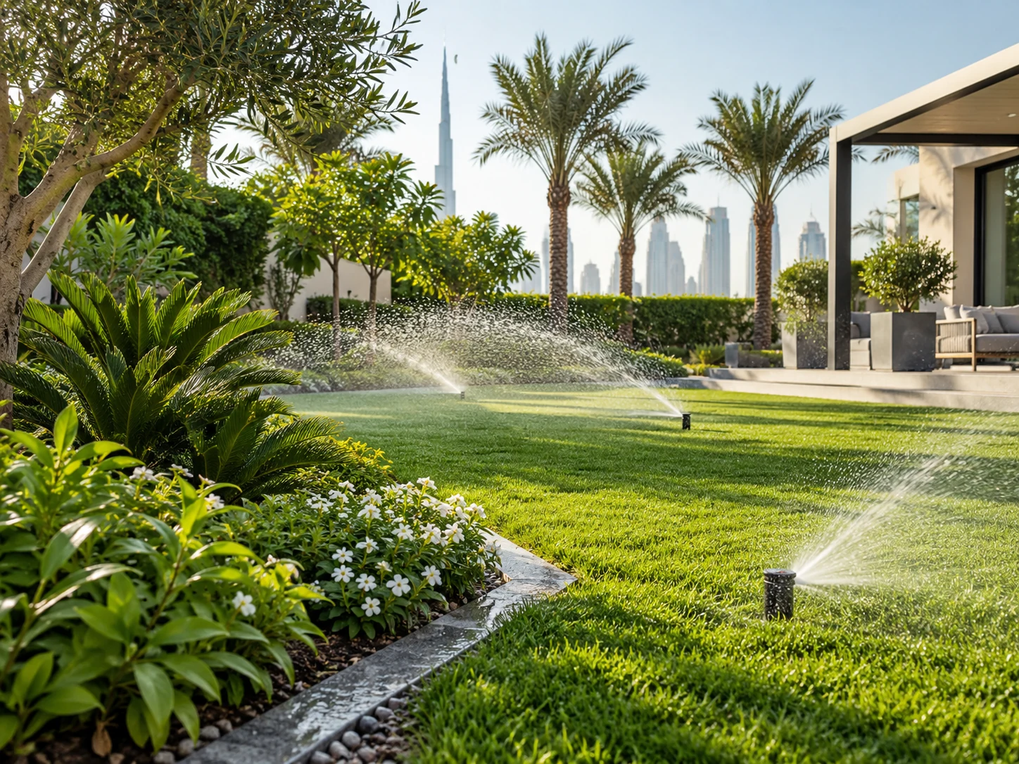 Lush garden lawn with irrigation and planting