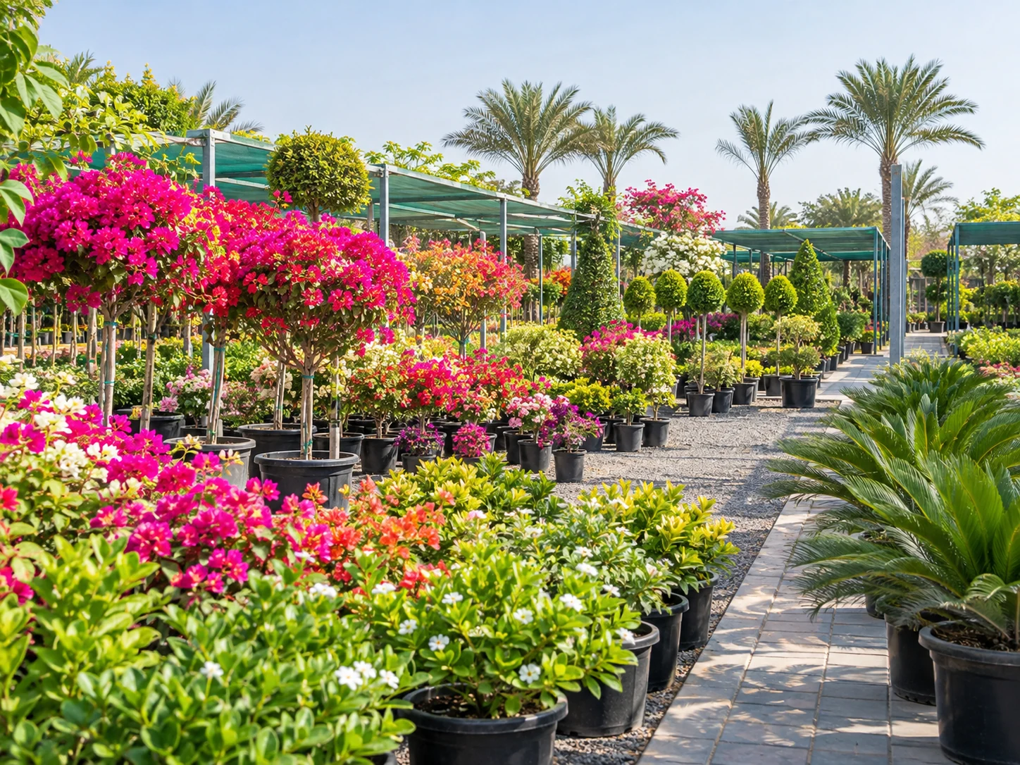 Outdoor plant nursery with flowering plants