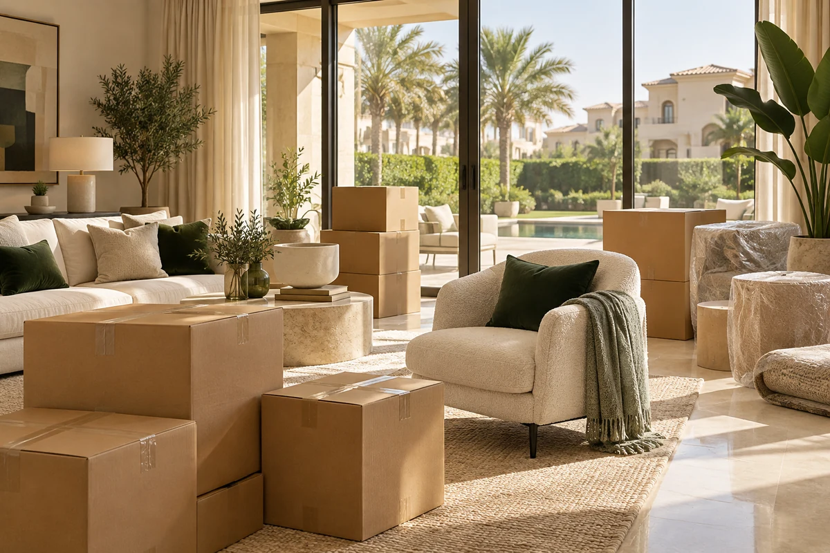 Dubai villa living room prepared for relocation