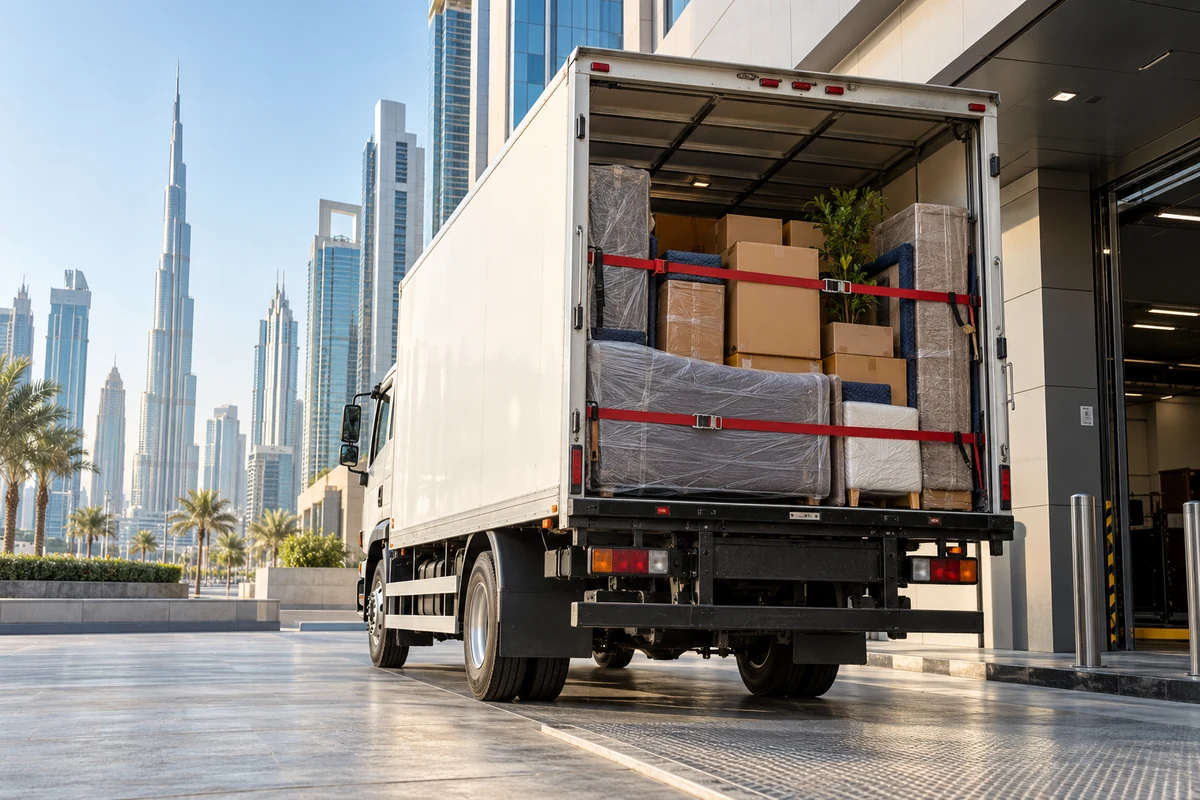 Moving truck ready at a Dubai commercial loading bay