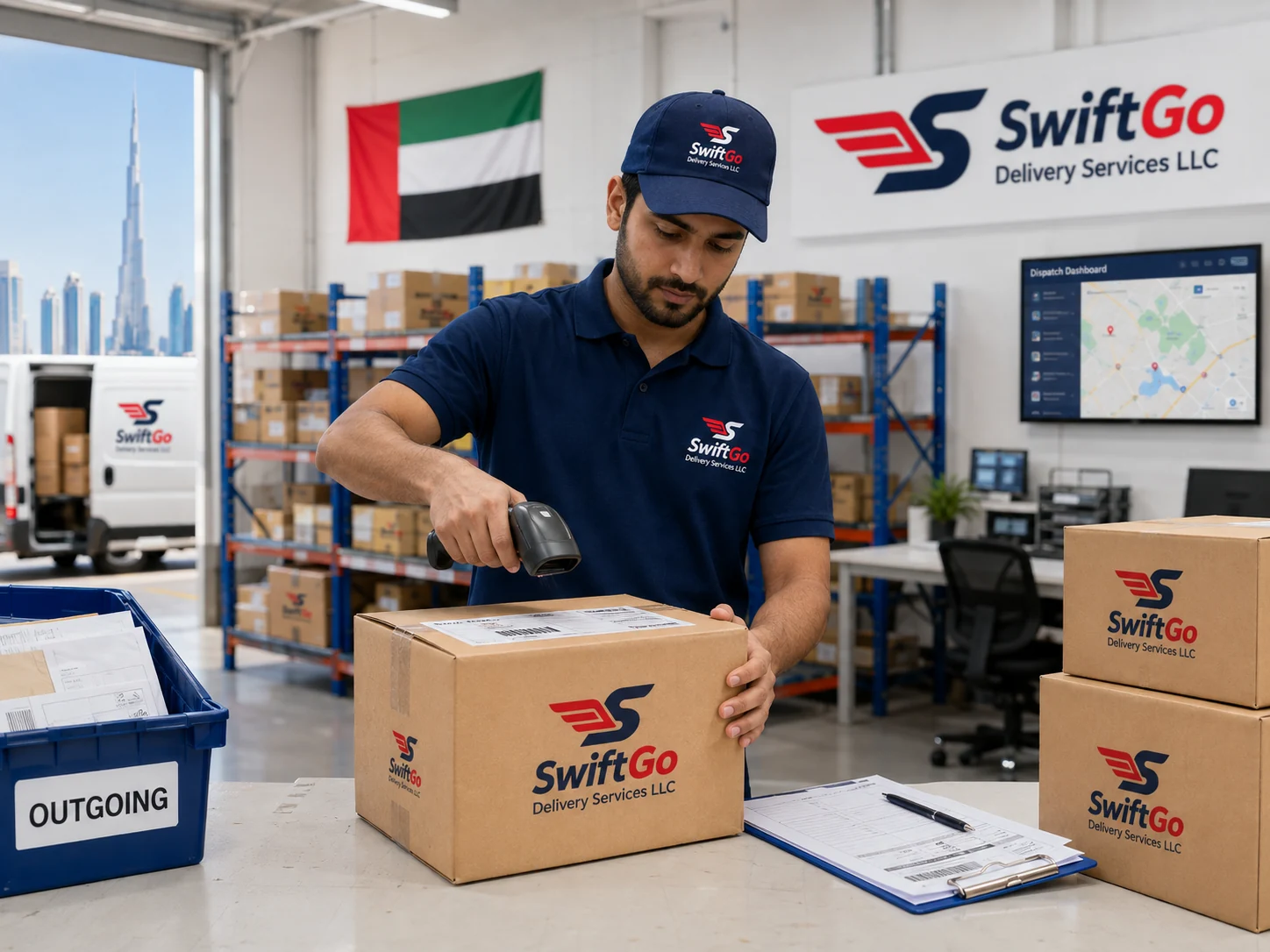 SwiftGo team member preparing a delivery order in a Dubai dispatch workspace