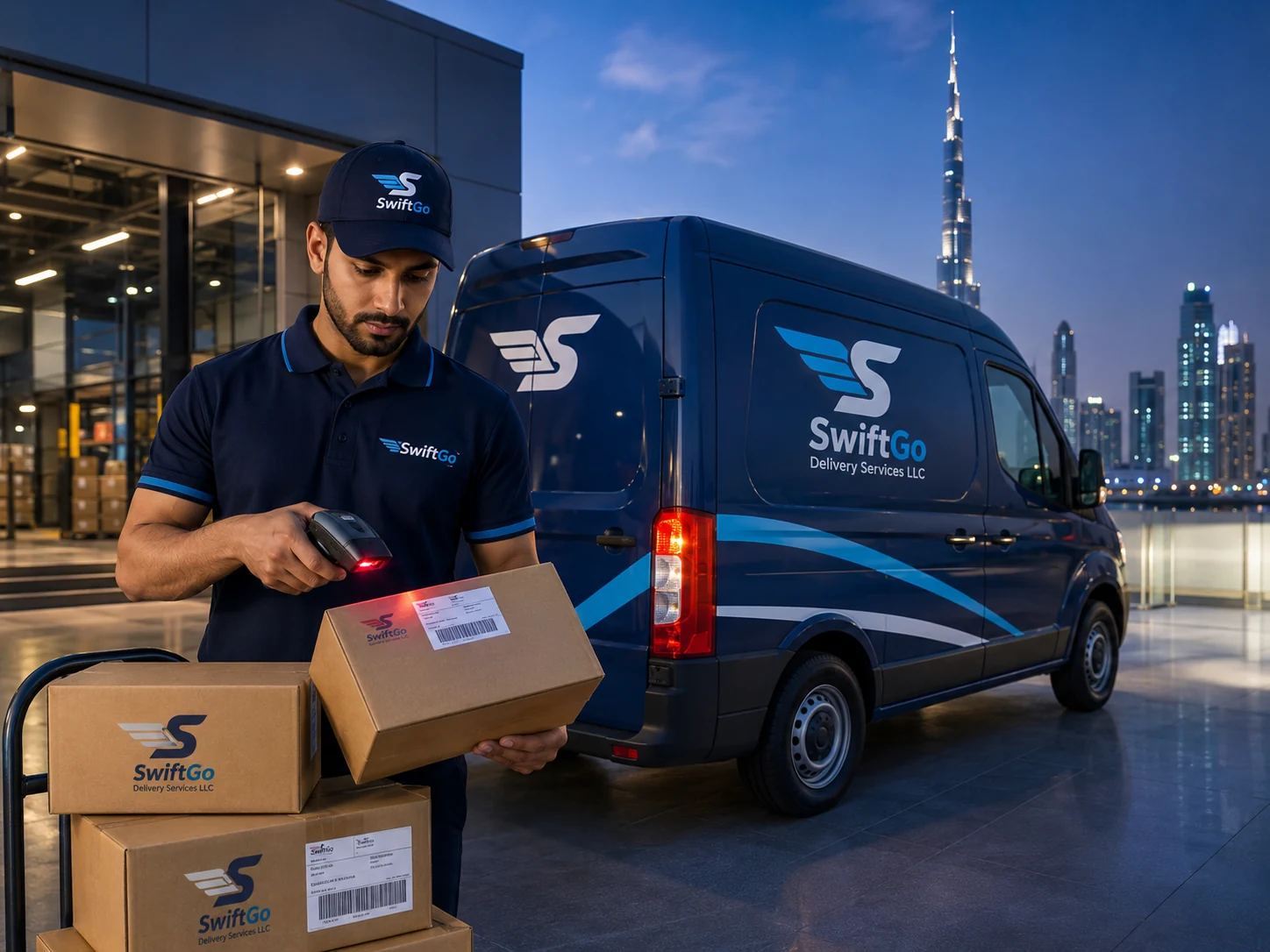 SwiftGo courier scanning a parcel beside a branded delivery van in Dubai