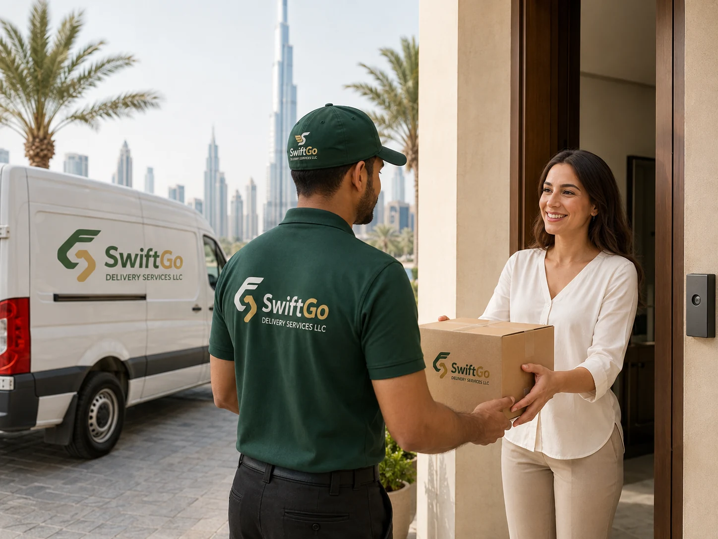SwiftGo courier handing a parcel to a customer at a Dubai residence