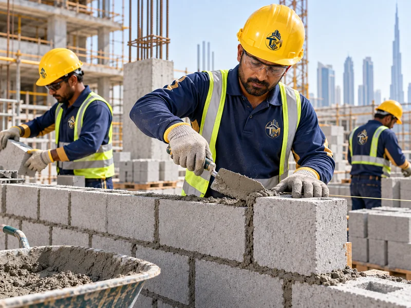 TAJ ALMAKAN technicians carrying out block work on a UAE construction site