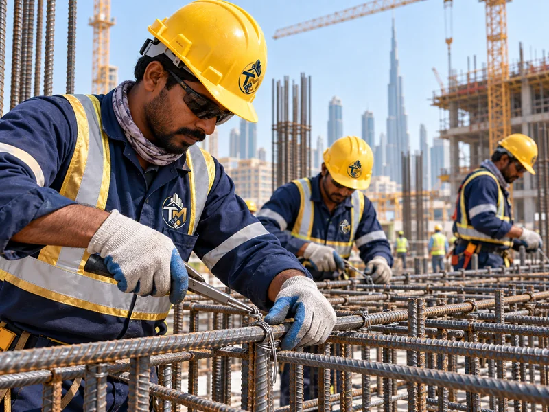 TAJ ALMAKAN steel fixer team tying reinforcement bars on a UAE construction site