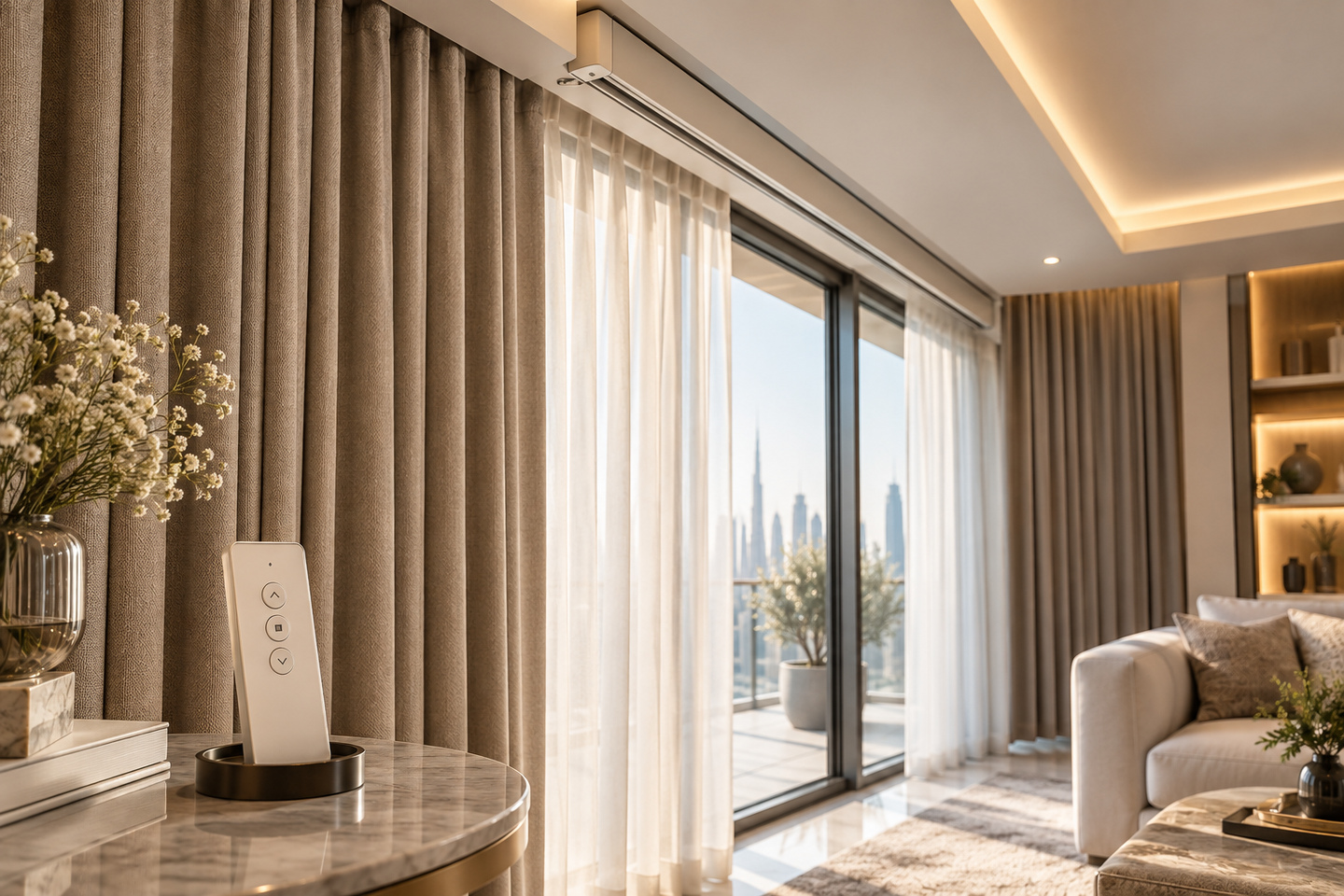 Motorized curtains with remote and track detail