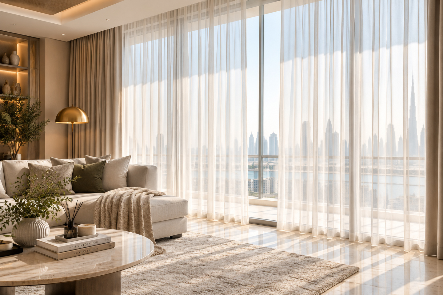 Floor-to-ceiling sheer curtains filtering daylight