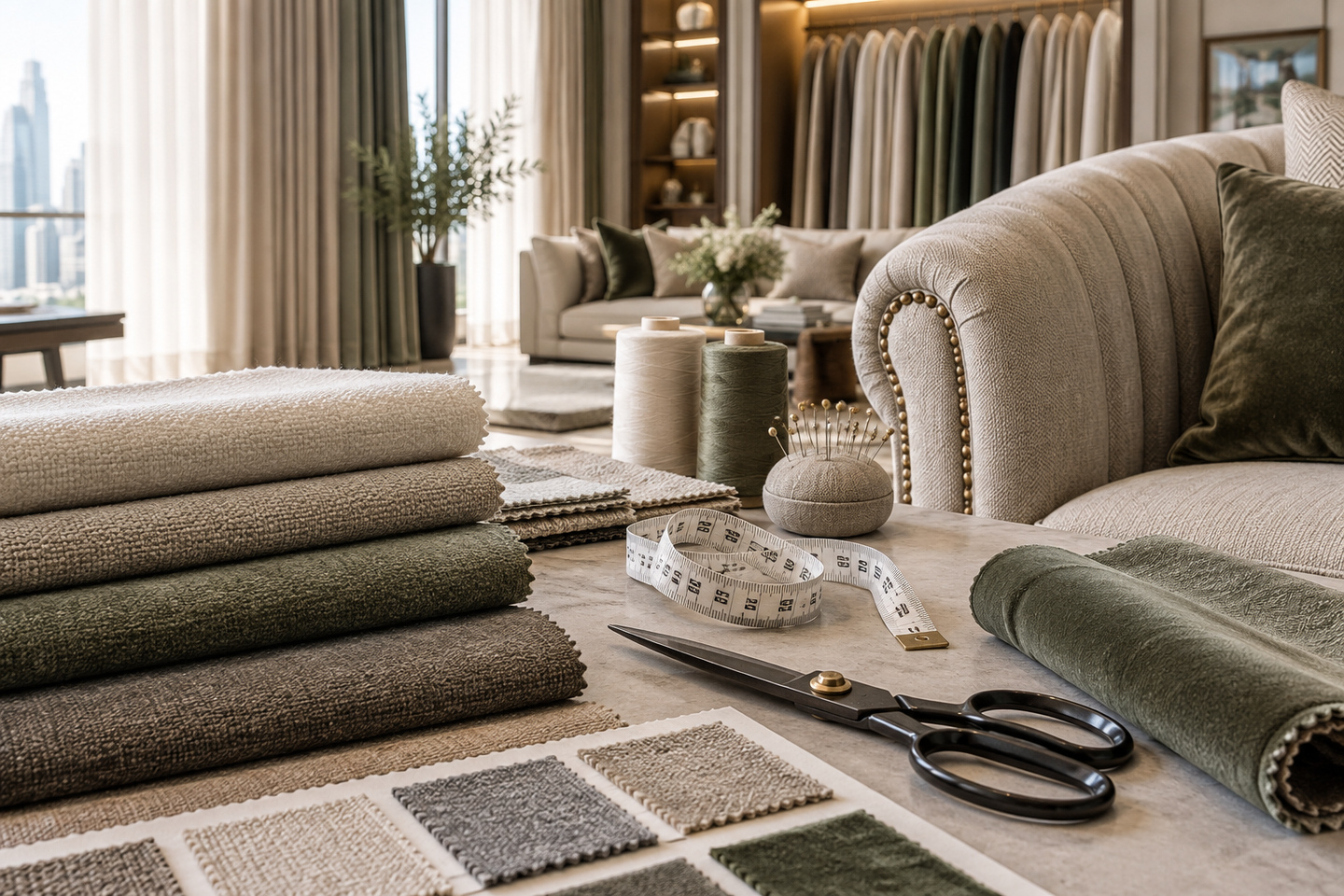 Upholstery fabric swatches and tailoring tools