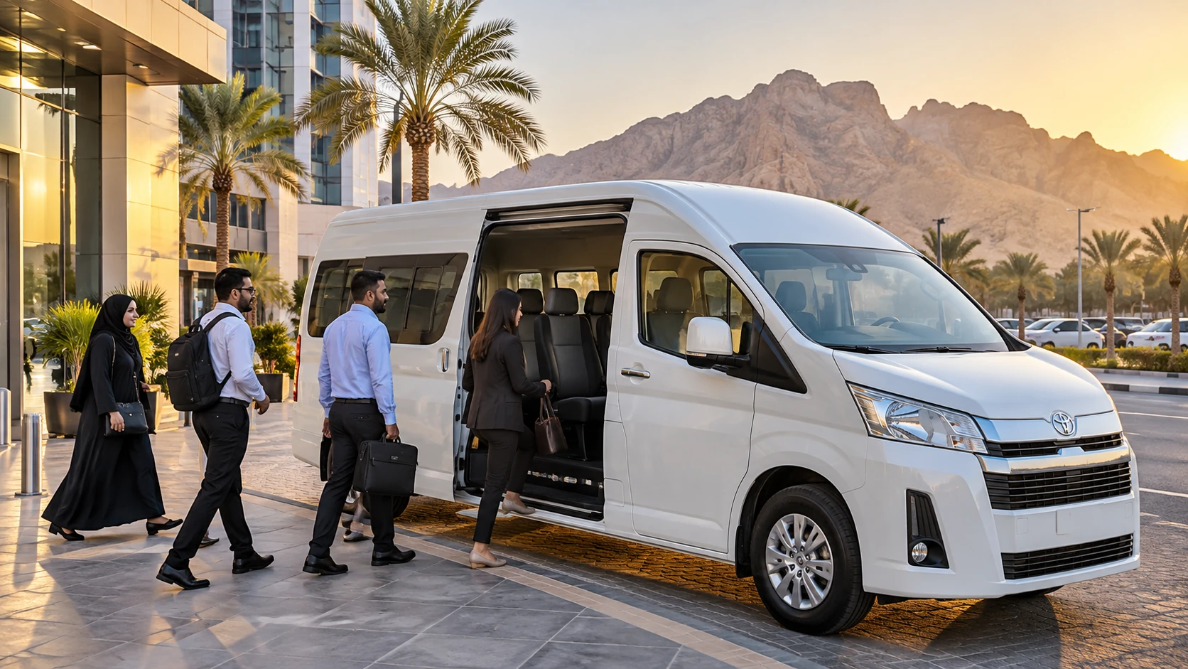 Staff boarding a passenger van