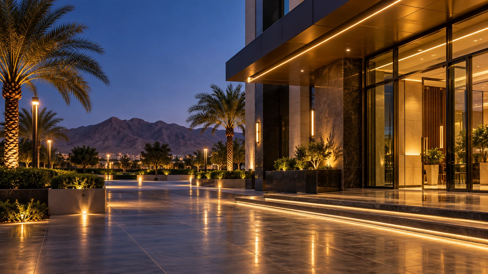 Modern illuminated building entrance in Al Ain
