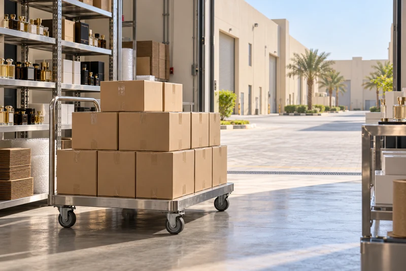Illustrative perfume dispatch cartons in a Gulf industrial setting
