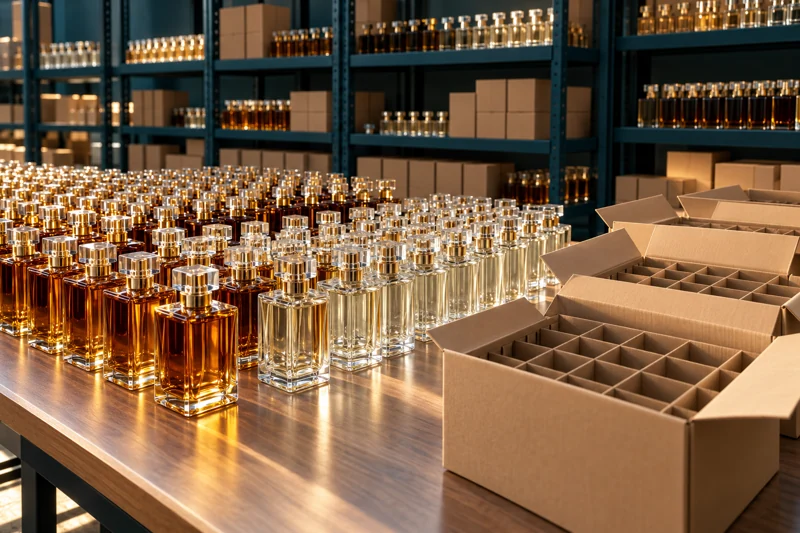 Illustrative rows of perfume bottles and divided cartons