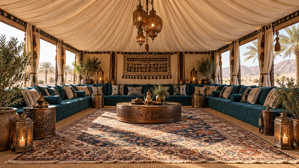 Illustrative Arabian majlis with teal seating