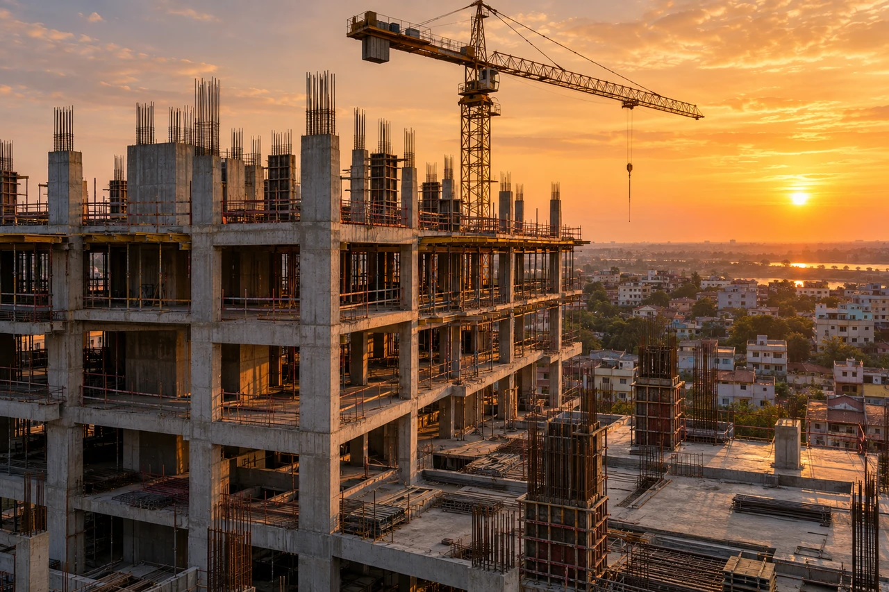Representative concrete construction structure and crane at blue hour in India