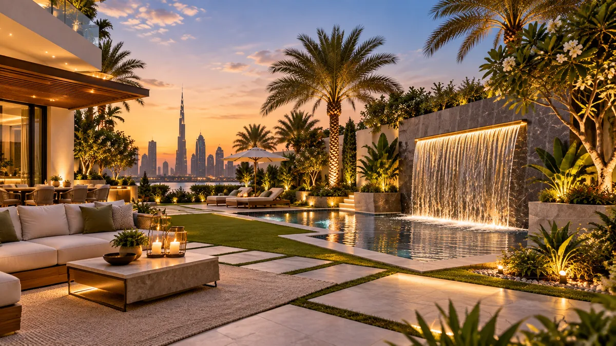 Animated water feature in a landscaped Dubai villa setting